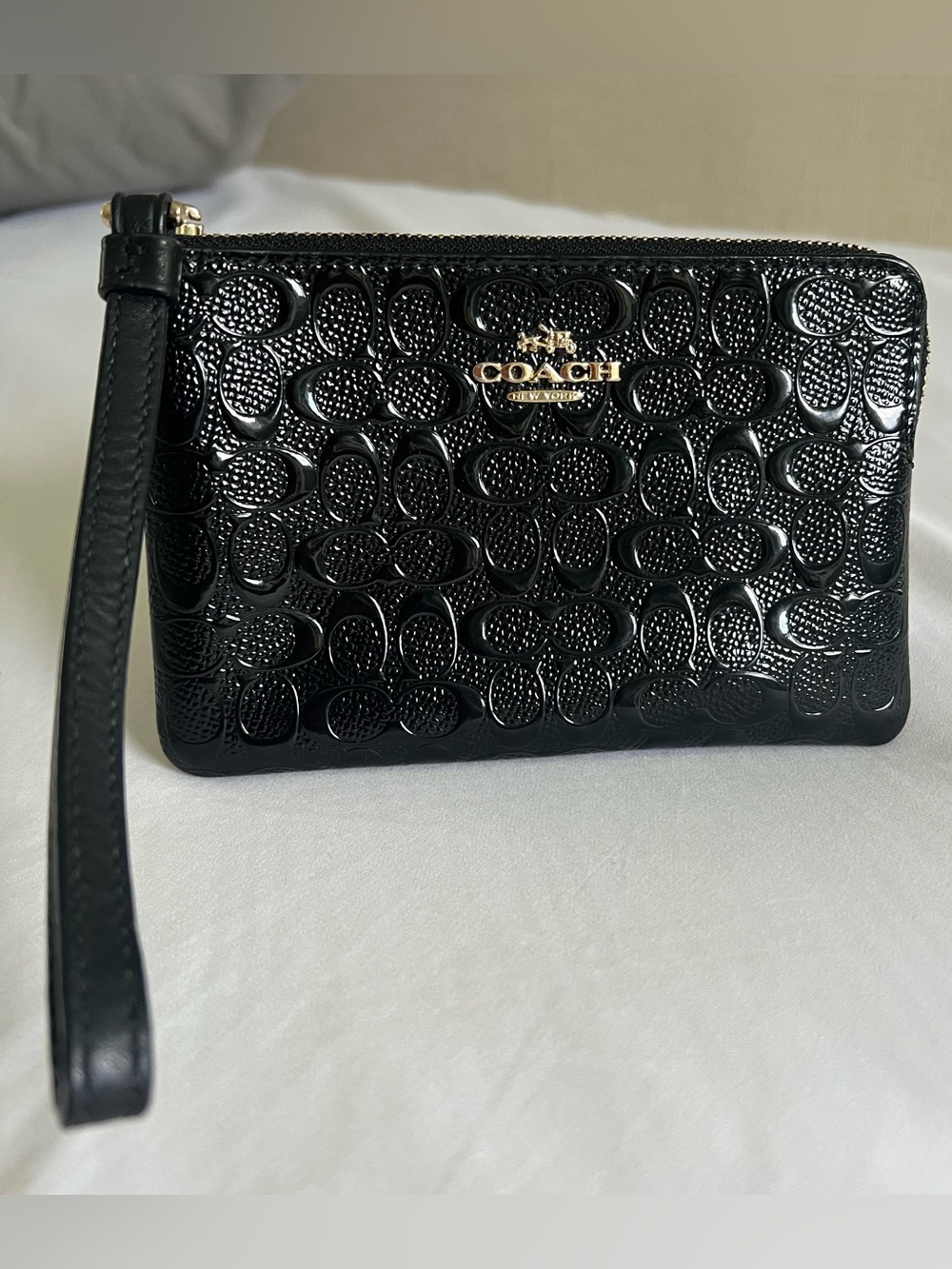 Coach Black Patent Embossed Signature Wristlet with Gold Logo